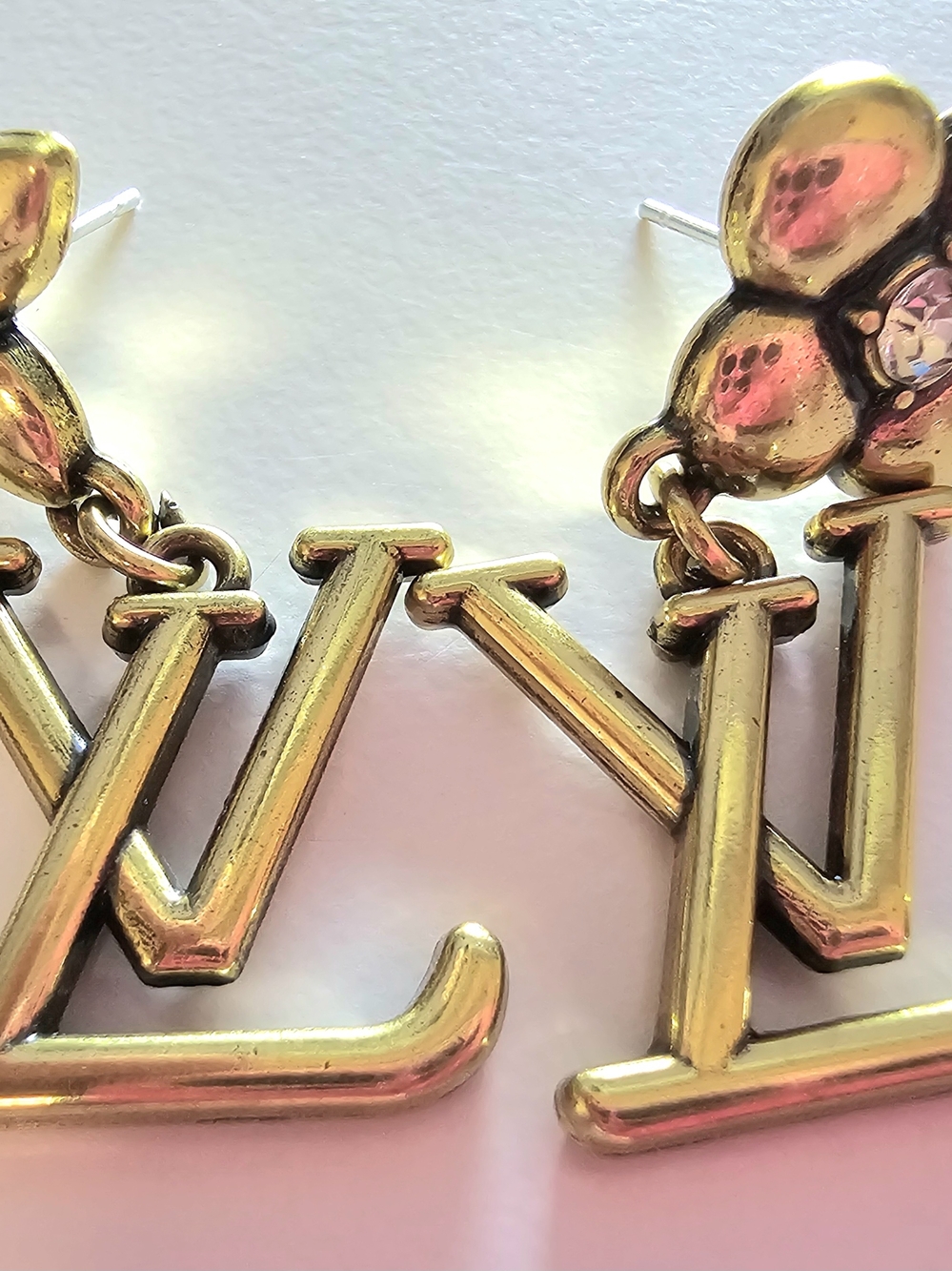 Louis Vuitton Gold Tone LV Drop Earrings with Floral Accents